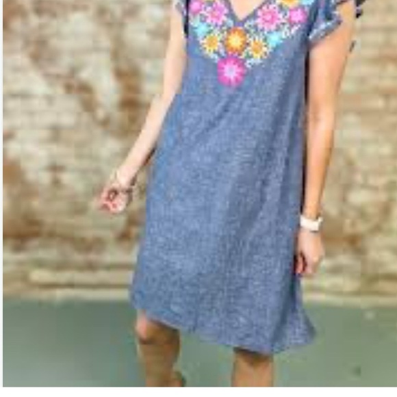 THML Blue Chambry Dress with Colorful Floral Embroidery - Picture 3 of 7